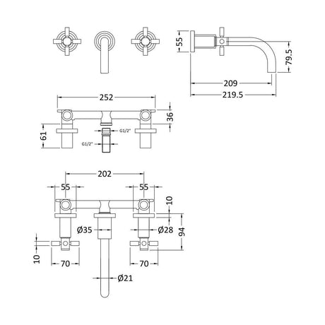 [BTHE417X] Hester Crosshead W/H Basin Mixer - Technical Drawing