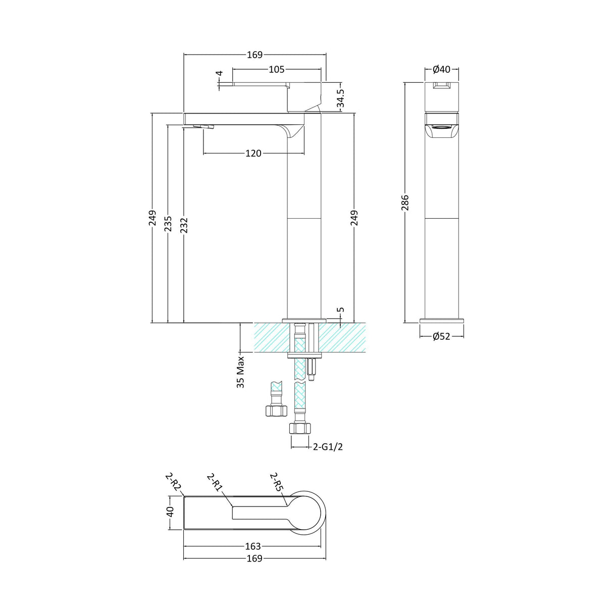 [BTIL370] Tall Mono Basin Mixer P/B Waste - Technical Drawing