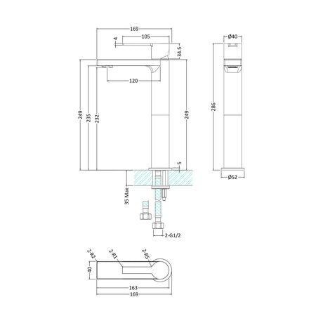 [BTIL370] Tall Mono Basin Mixer P/B Waste - Technical Drawing