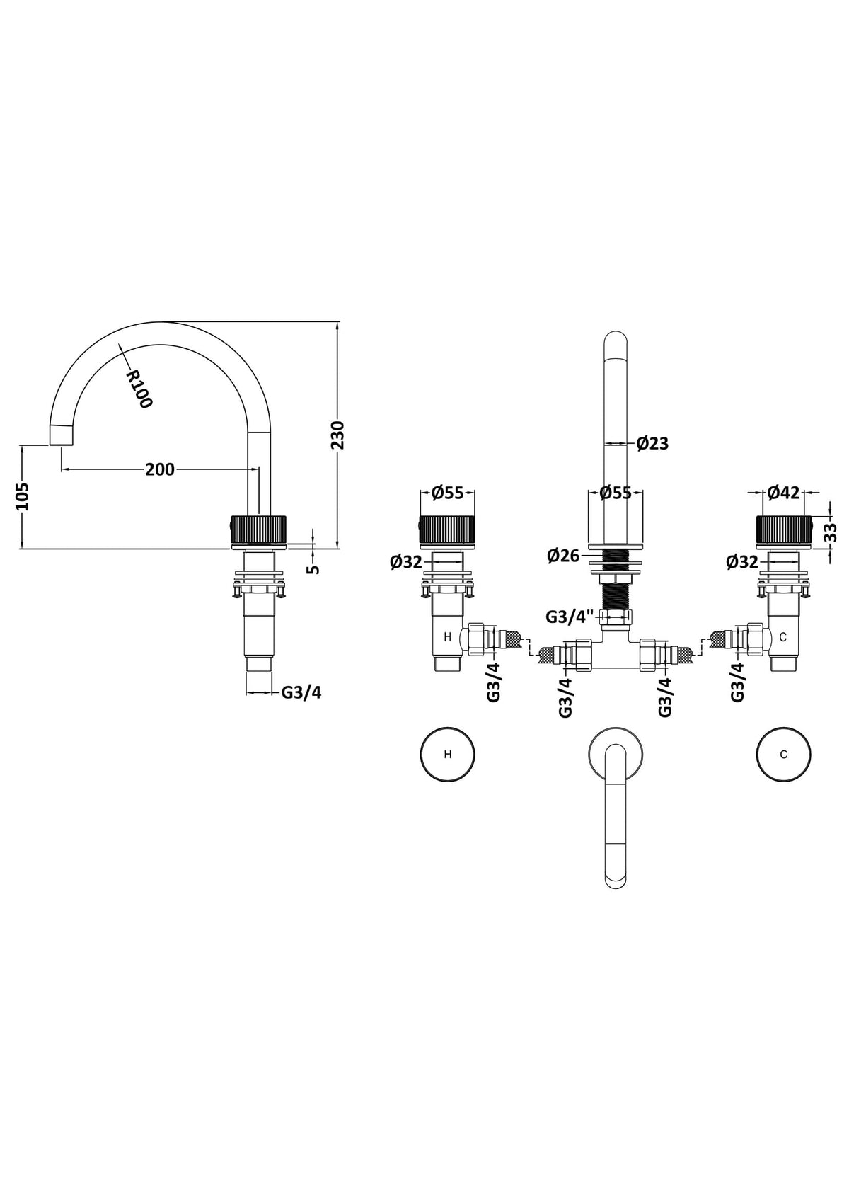 [BTK333C] Ashenhurst Contemporary 3 Tap Hole Deck Mounted Bath Mixer Tap with Fluted Handles - Choice of Spout and Colour - Line Drawing