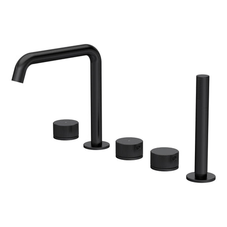 [BTK414P] Ashenhurst Contemporary 5 Tap Hole Deck Mounted Bath Shower Mixer Tap with Fluted Handles and Shower Kit - Choice of Spout and Colour - Cutout