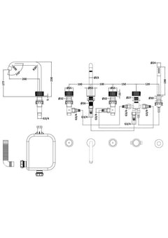 [BTK414P] Ashenhurst Contemporary 5 Tap Hole Deck Mounted Bath Shower Mixer Tap with Fluted Handles and Shower Kit - Choice of Spout and Colour - Line Drawing