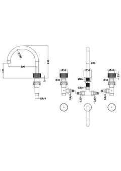 [BTK433C] Ashenhurst Contemporary 3 Tap Hole Deck Mounted Bath Mixer Tap with Fluted Handles - Choice of Spout and Colour - Line Drawing