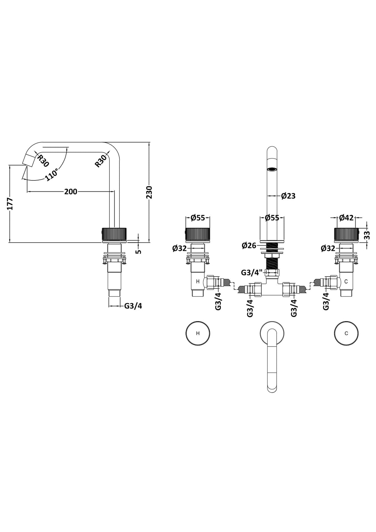 [BTK433P] Ashenhurst Contemporary 3 Tap Hole Deck Mounted Bath Mixer Tap with Fluted Handles - Choice of Spout and Colour - Line Drawing