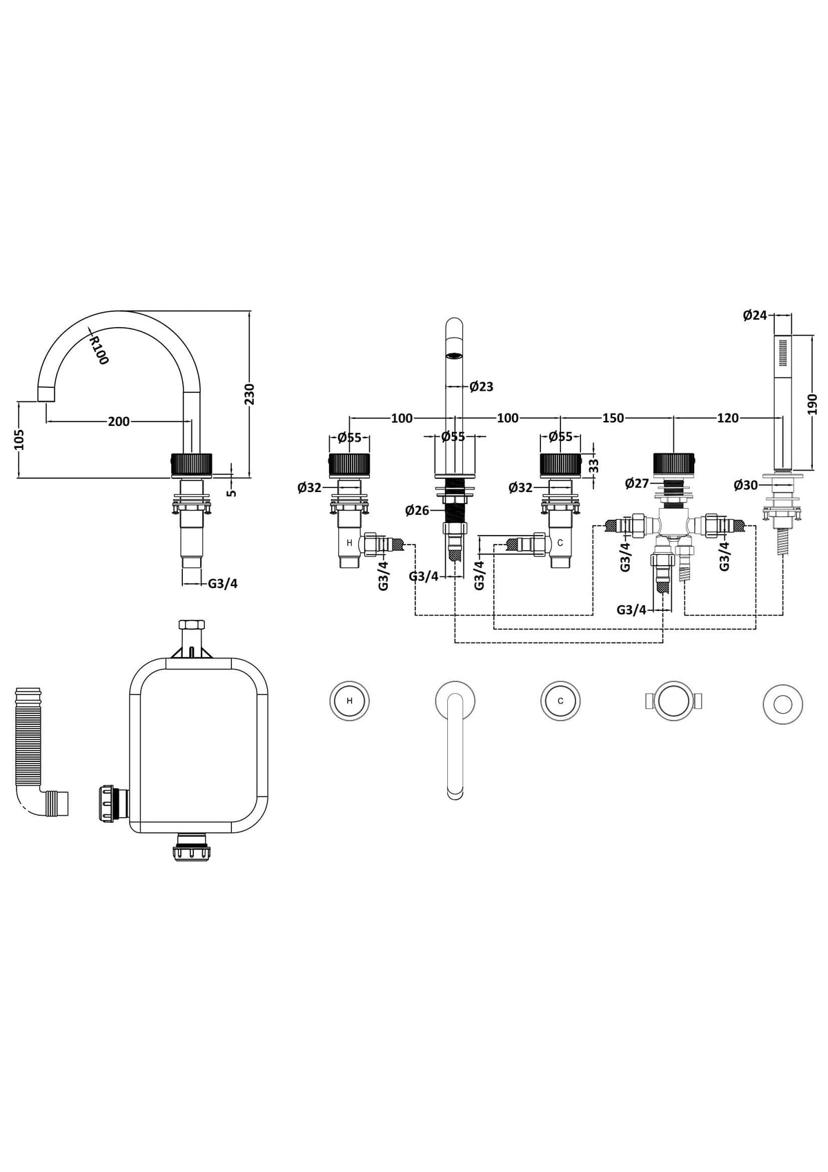 [BTK814C] Ashenhurst Contemporary 5 Tap Hole Deck Mounted Bath Shower Mixer Tap with Fluted Handles and Shower Kit - Choice of Spout and Colour - Line Drawing