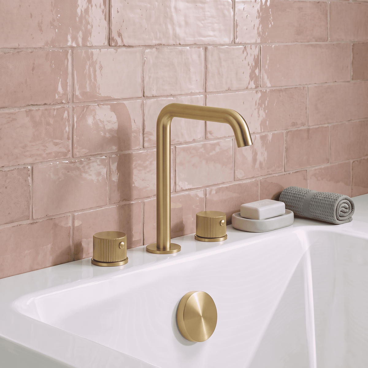 [BTK833P] Ashenhurst Contemporary 3 Tap Hole Deck Mounted Bath Mixer Tap with Fluted Handles - Choice of Spout and Colour - Lifestyle 1
