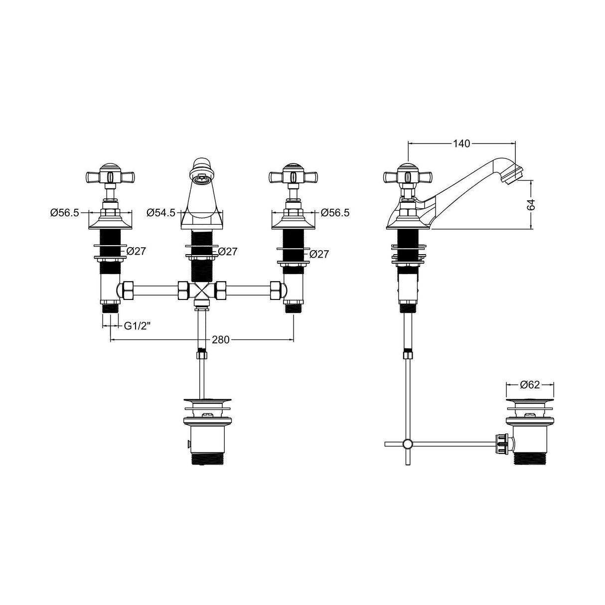 [BTKI307X] Balterley Hanchurch Traditional 3 Tap Hole Basin Tap - Chrome or Brushed Brass - Technical Drawing