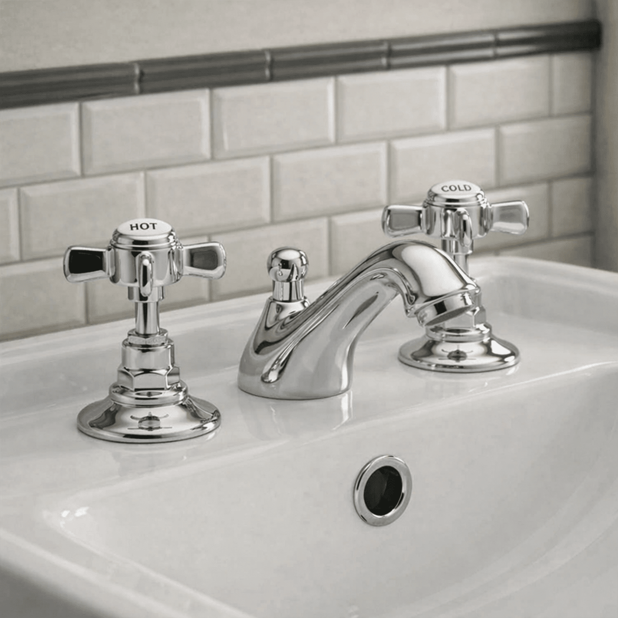 [BTKI307X] Balterley Hanchurch Traditional 3 Tap Hole Basin Tap - Chrome or Brushed Brass - Silo
