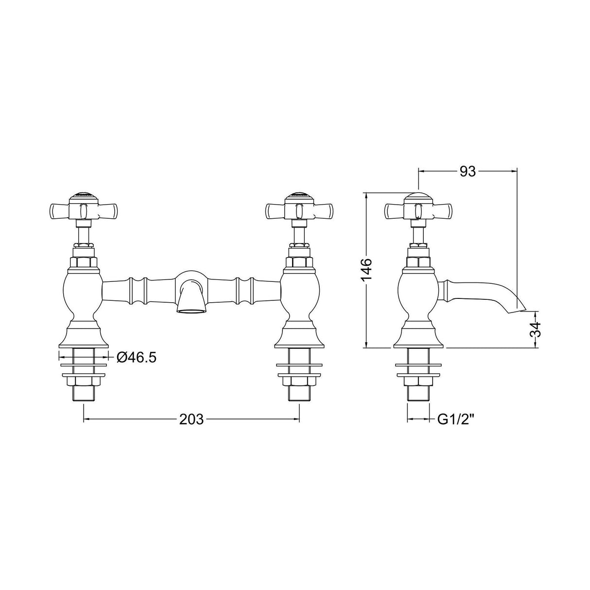 [BTKI315X] Balterley Kingsey Traditional Crosshead Bridge 2 Tap Hole Mixer - Chrome - Technical Drawing