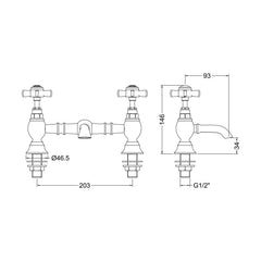 [BTKI315X] Balterley Kingsey Traditional Crosshead Bridge 2 Tap Hole Mixer - Chrome - Technical Drawing