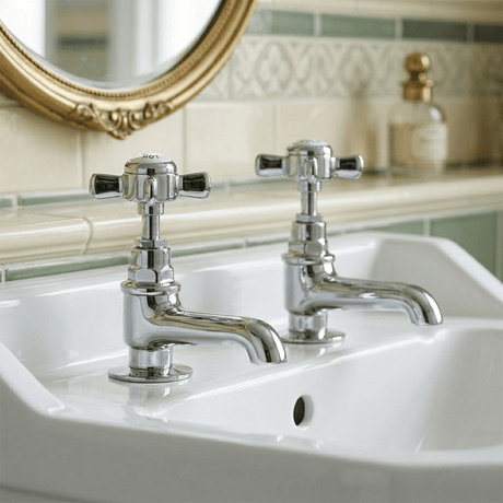 [BTKI321XE] Balterley Hanchurch Basin Pillar Taps with Crosshead Handles - Chrome or Brushed Brass - Silo