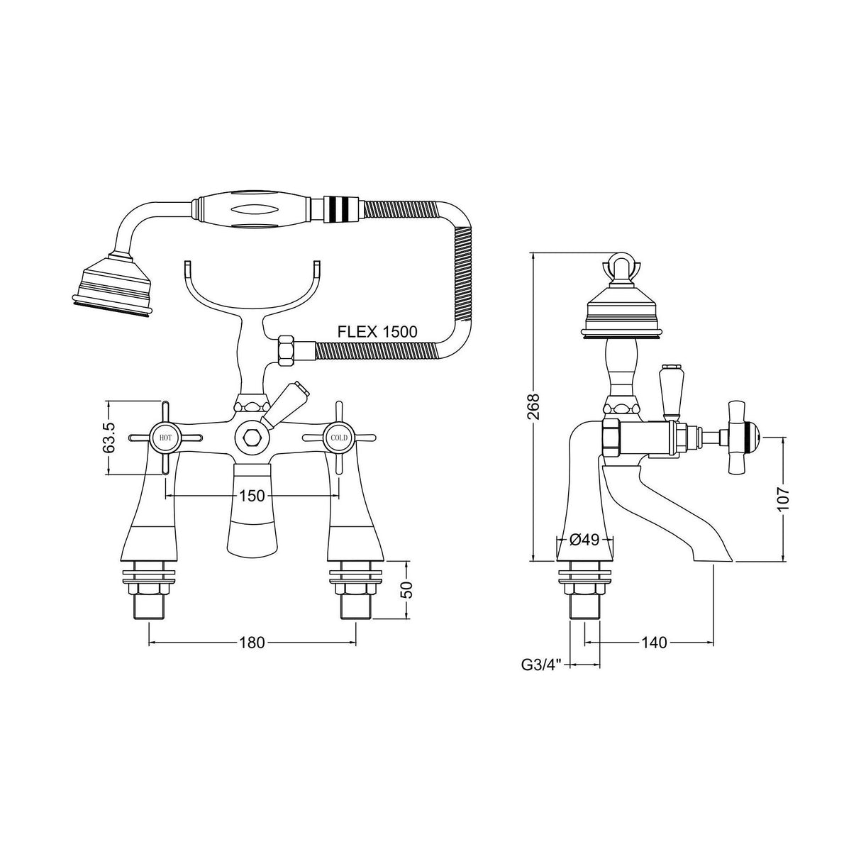 [BTKI804X] Balterley Hanchurch Traditional Bath Shower Mixer Tap with Shower Kit - Chrome or Brushed Brass - Technical Drawing