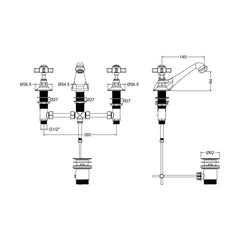 [BTKI807X] Balterley Hanchurch Traditional 3 Tap Hole Basin Tap - Chrome or Brushed Brass - Technical Drawing