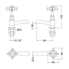 [BTKI821XE] Balterley Hanchurch Basin Pillar Taps with Crosshead Handles - Chrome or Brushed Brass - Technical Drawing