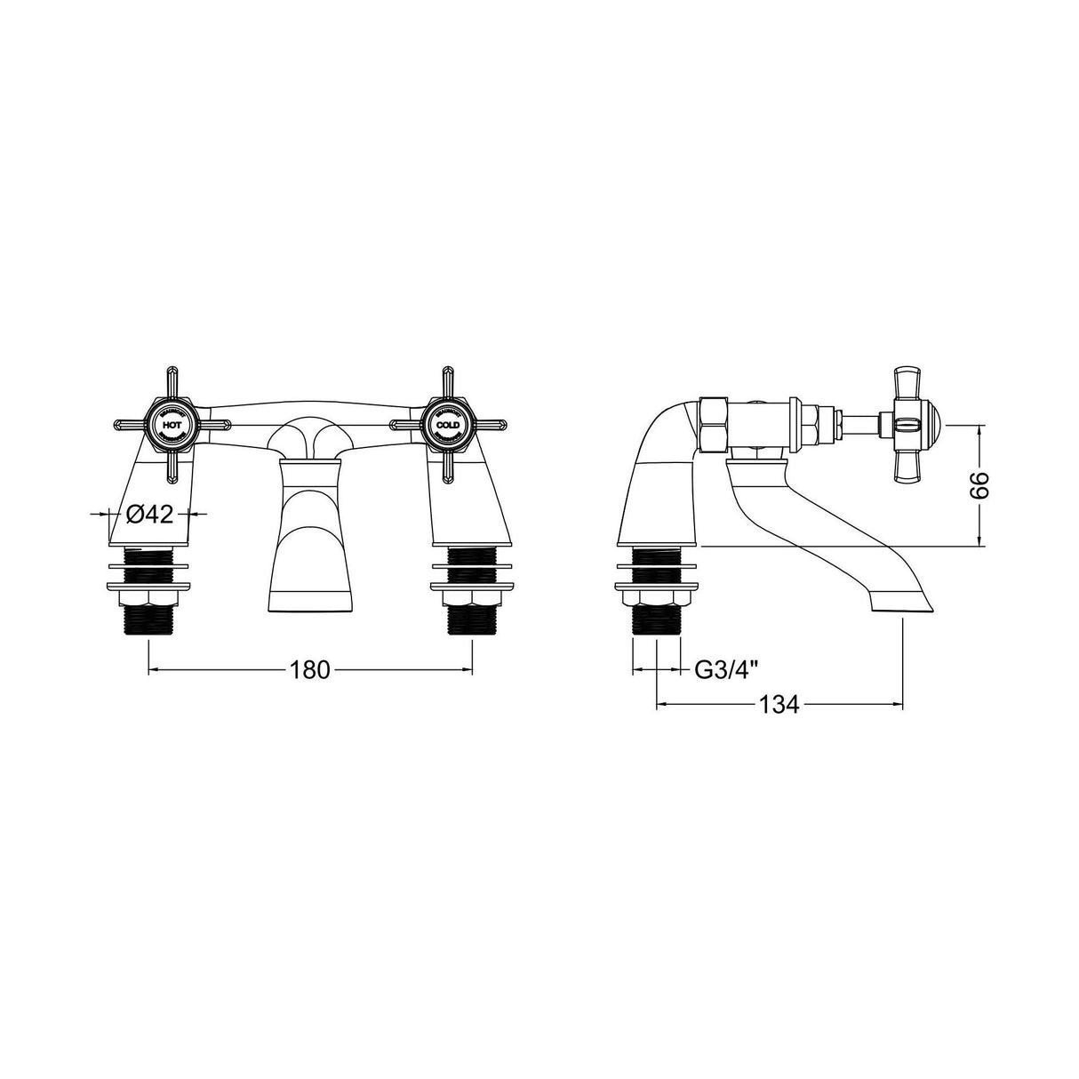 [BTKI828X] Balterley Hanchurch Bath Filler Tap - Chrome or Brushed Brass - Technical Drawing