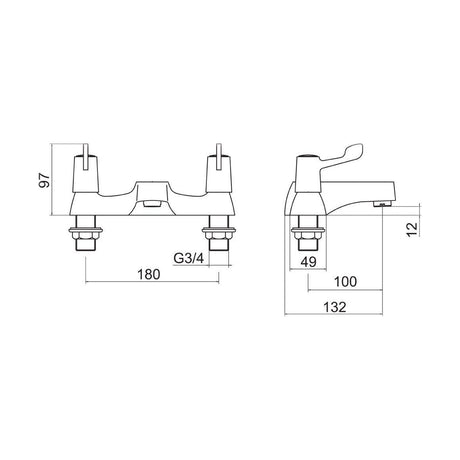 [BTLEV05] Contemporary Bathroom Bath Filler Tap – Lever Handles, 110 x 154mm, Chrome - Technical Drawing