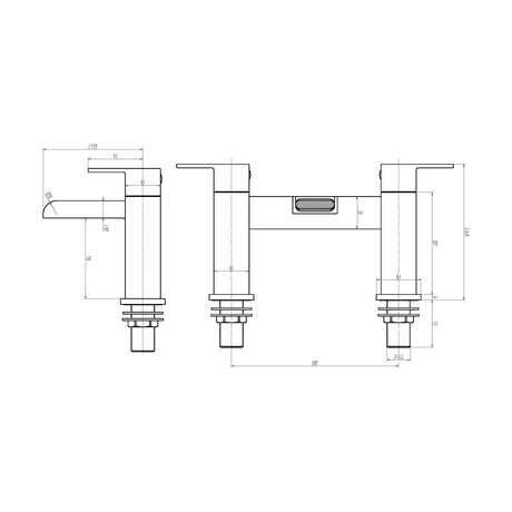 [BTMI303] Square Deck Mounted Bath Shower Mixer Tap - Chrome - Technical Drawing