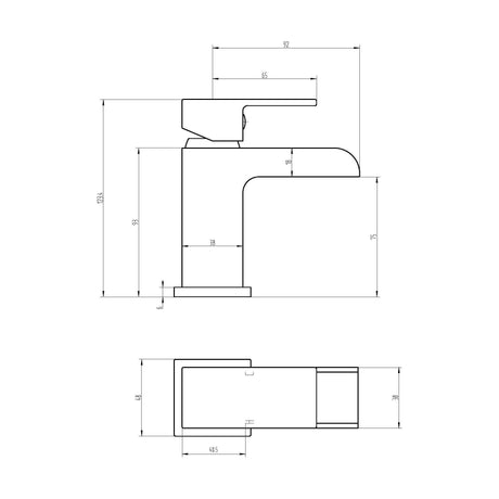 [BTMI305] Square Single Lever Mono Basin Mixer Tap with Push Button Waste - Chrome - Technical Drawing