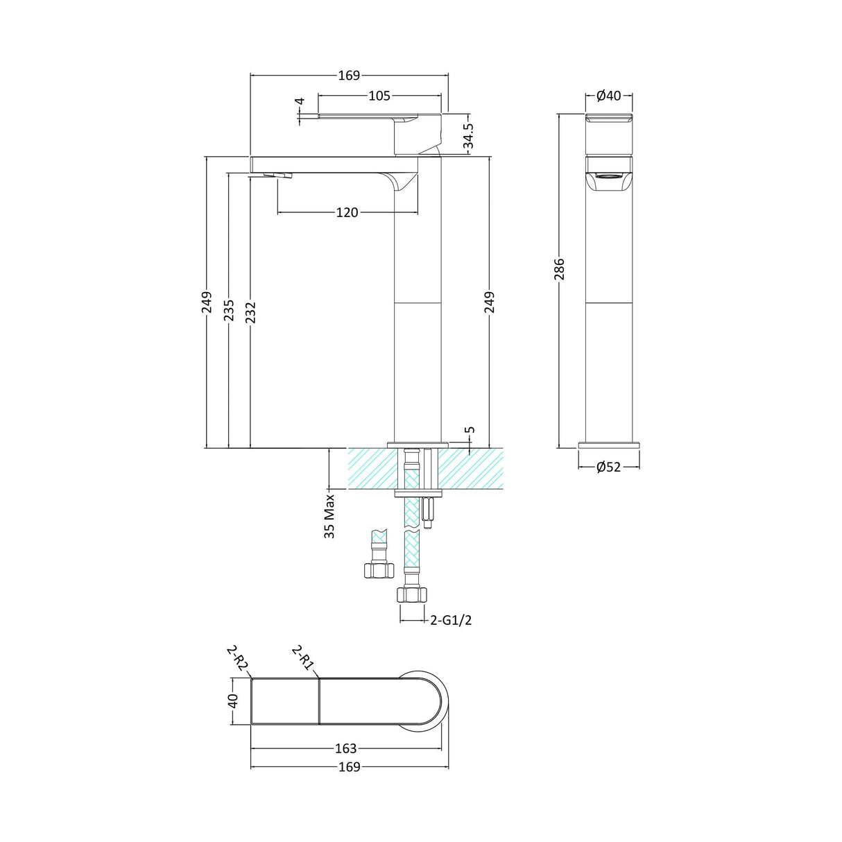 [BTOT370] Tall Mono Basin Mixer P/B Waste - Technical Drawing