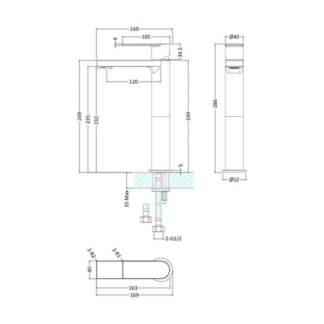 [BTOT370] Tall Mono Basin Mixer P/B Waste - Technical Drawing
