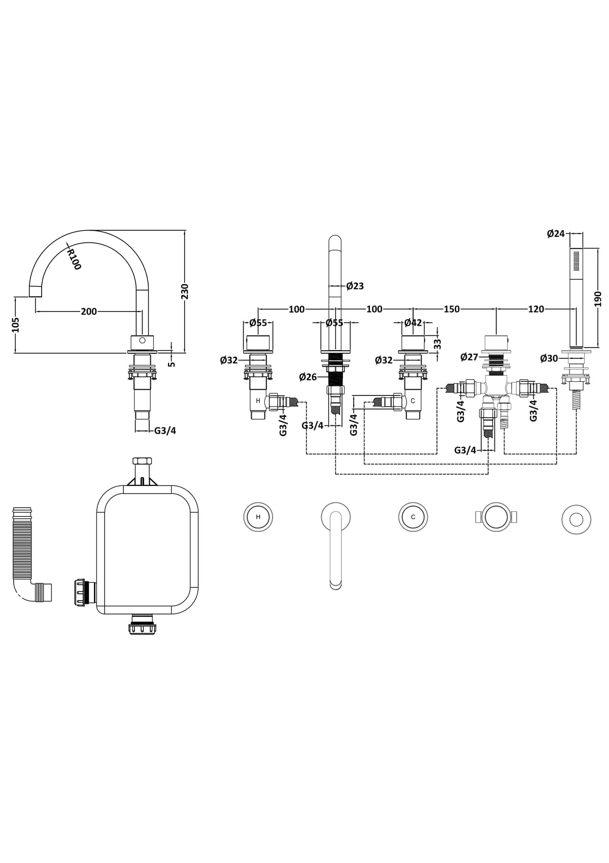 [BTP414C] Hademore Contemporary 5 Tap Hole Deck Mounted Bath Shower Mixer Tap with Round Handles and Shower Kit - Choice of Spout and Colour - Line Drawing