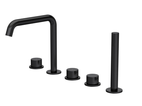 [BTP414P] Hademore Contemporary 5 Tap Hole Deck Mounted Bath Shower Mixer Tap with Round Handles and Shower Kit - Choice of Spout and Colour - Cutout