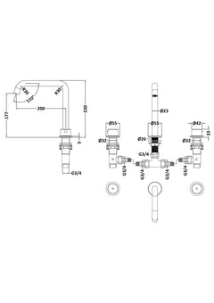 [BTP433P] Hademore Contemporary 3 Tap Hole Deck Mounted Bath Mixer Tap with Round Handles - Choice of Spout and Colour - Line Drawing