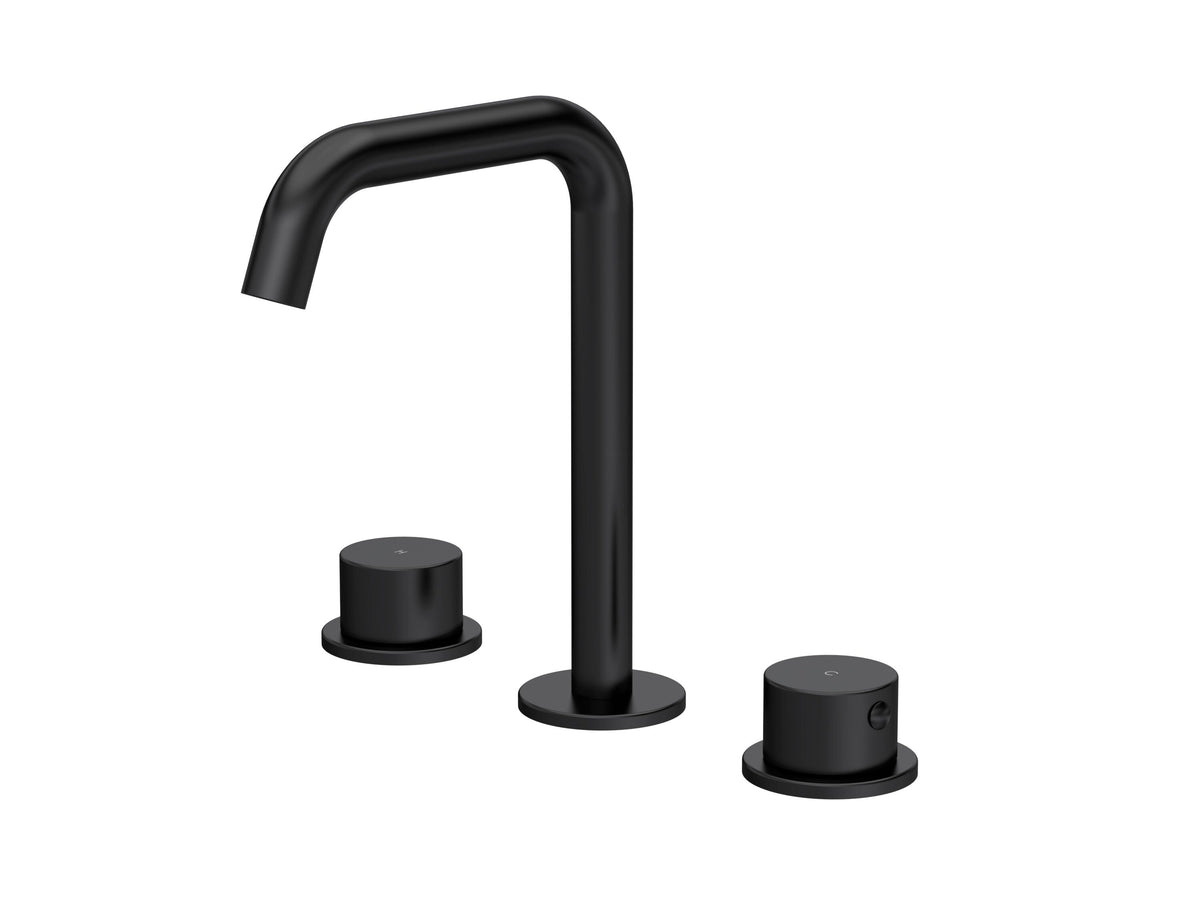 [BTP437P] Hademore Contemporary 3 Tap Hole Basin Mixer Tap with Round Handles and Waste - Choice of Spout and Colour - Cutout
