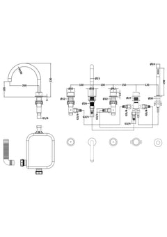 [BTP814C] Hademore Contemporary 5 Tap Hole Deck Mounted Bath Shower Mixer Tap with Round Handles and Shower Kit - Choice of Spout and Colour - Line Drawing