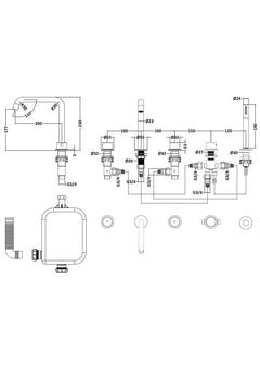 [BTP814P] Hademore Contemporary 5 Tap Hole Deck Mounted Bath Shower Mixer Tap with Round Handles and Shower Kit - Choice of Spout and Colour - Line Drawing