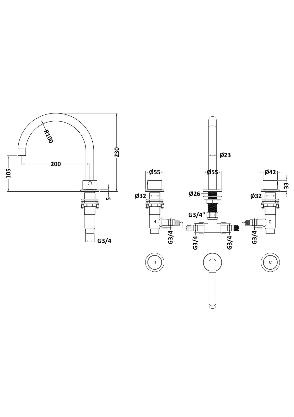 [BTP833C] Hademore Contemporary 3 Tap Hole Deck Mounted Bath Mixer Tap with Round Handles - Choice of Spout and Colour - Line Drawing