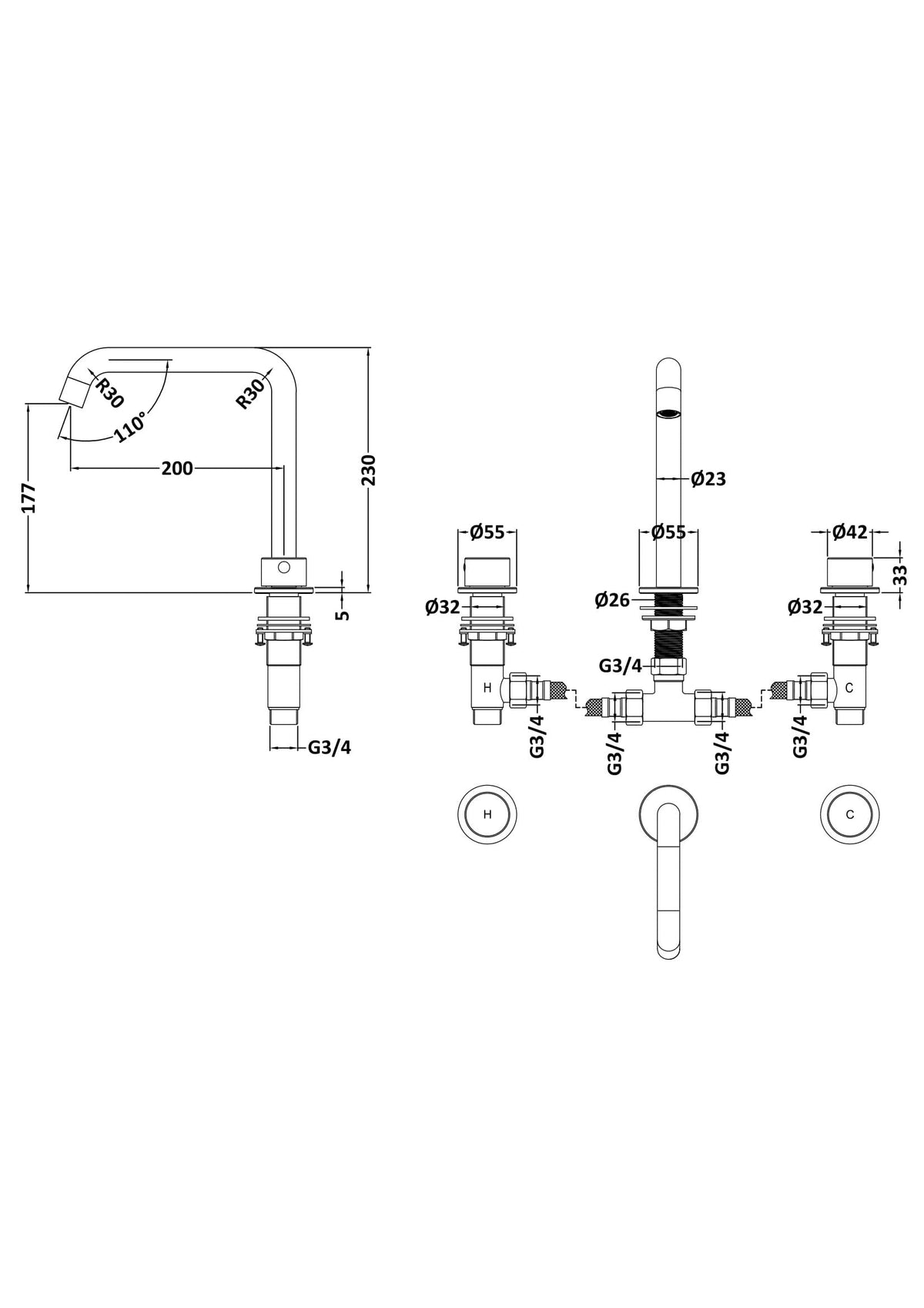 [BTP833P] Hademore Contemporary 3 Tap Hole Deck Mounted Bath Mixer Tap with Round Handles - Choice of Spout and Colour - Line Drawing