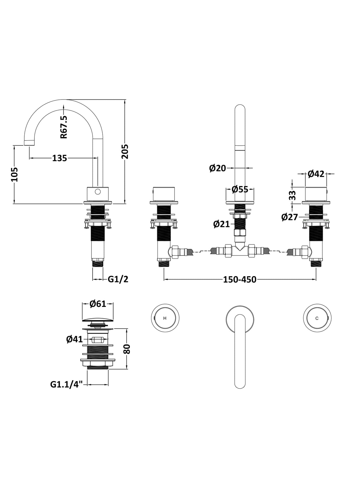 [BTP837C] Hademore Contemporary 3 Tap Hole Basin Mixer Tap with Round Handles and Waste - Choice of Spout and Colour - Line Drawing