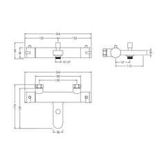 [BTPR005] Balterley Pride Contemporary Round Wall Mount Thermostatic Bath Shower Mixer Bar Valve Tap - Chrome - Technical Drawing