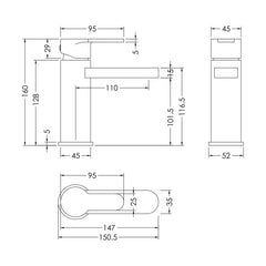 [BTPR1505] Consall Round Mono Basin Mixer Tap with Push Button Waste - Choice of Finish - Technical Drawing
