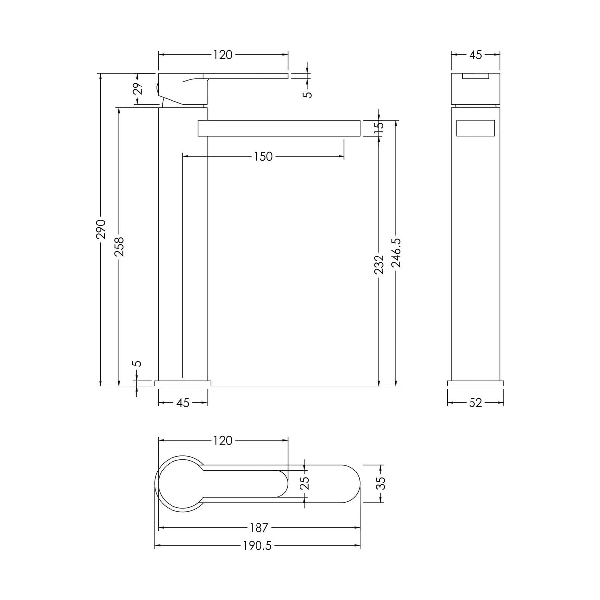 [BTPR1570] Consall Round High-Rise Mono Basin Mixer Tap, 290 x 52 x 187mm - Choice of Finish - Technical Drawing