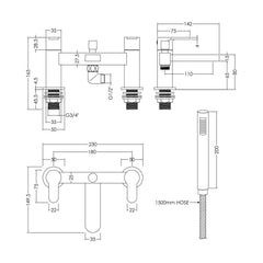 [BTPR304] Balterley Pride Contemporary Bathroom Round Wall Mounted Bath Shower Mixer Tap, 45mm, Chrome - Technical Drawing