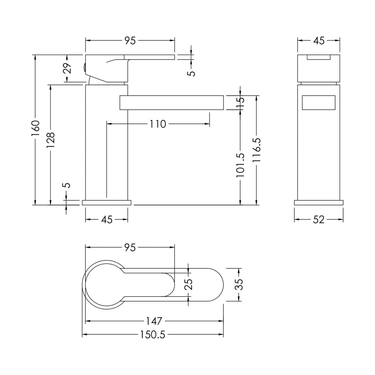 [BTPR305] Consall Round Mono Basin Mixer Tap with Push Button Waste - Choice of Finish - Technical Drawing