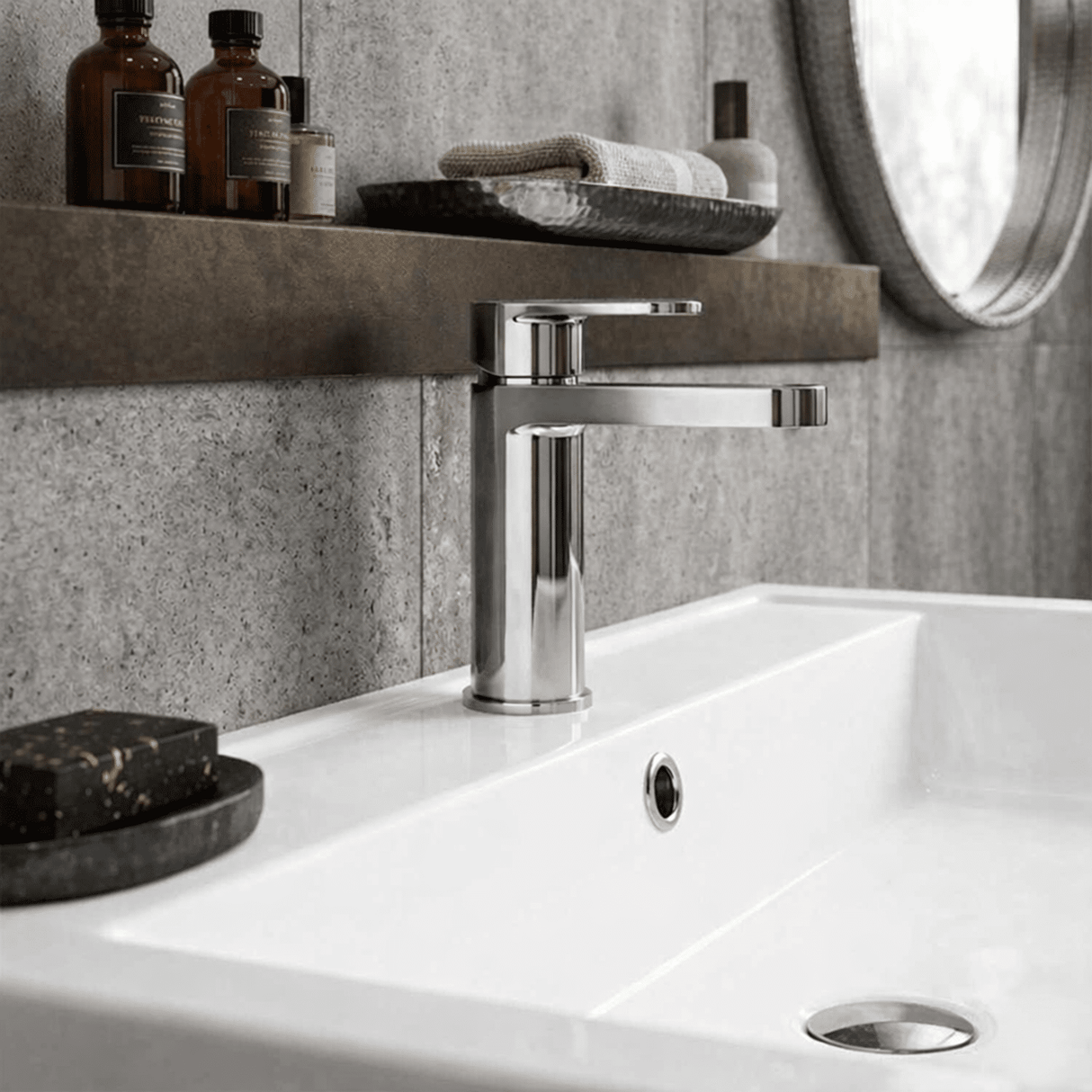 [BTPR305] Consall Round Mono Basin Mixer Tap with Push Button Waste - Choice of Finish - Silo