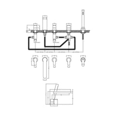 [BTPR314] Balterley Pride Deck Mount Round 5 Tap Hole Bath Shower Mixer Tap with Shower Kit - Chrome - Technical Drawing