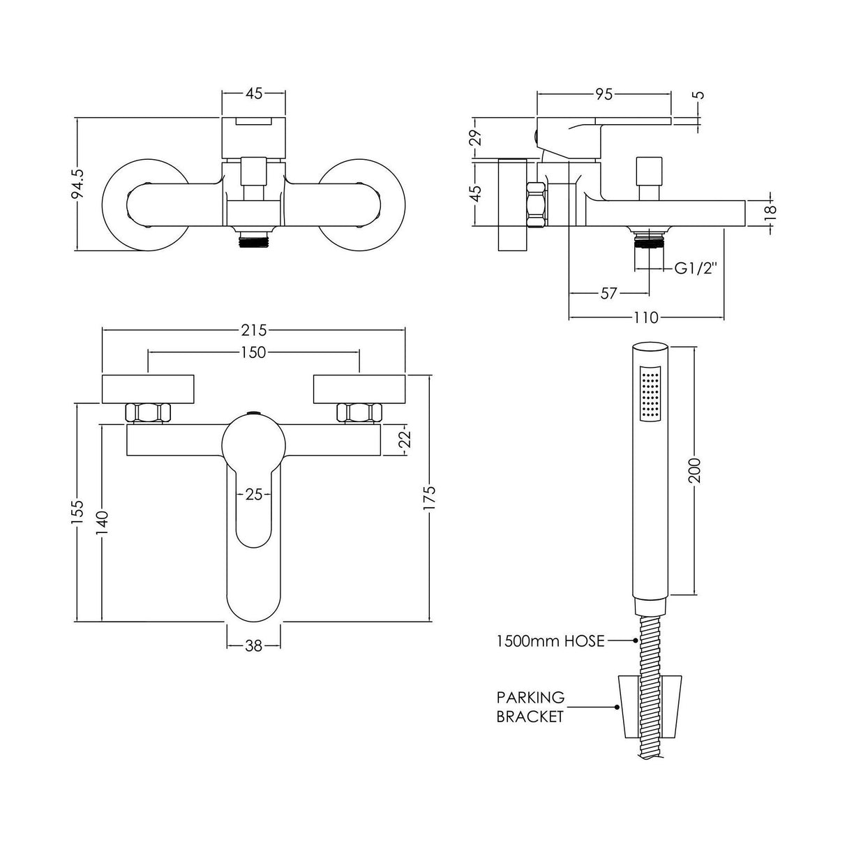 [BTPR316] Balterley Pride Contemporary Wall Mount Round Bath Shower Mixer Tap with Shower Kit - Chrome - Technical Drawing