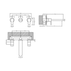 [BTPR317] Balterley Pride Contemporary Round Wall Mount 3 Tap Hole Basin Mixer Tap - Chrome - Technical Drawing