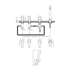 [BTPR334] Balterley Pride Contemporary Deck Mount Round 4 Tap Hole Bath Shower Mixer Tap with Kit (No Spout) - Chrome - Technical Drawing