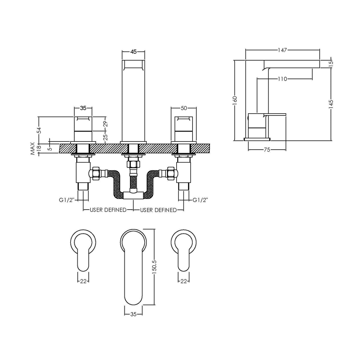 [BTPR337] Balterley Pride Round Deck 3 Tap Hole Basin Mixer Tap & Pop Up Waste - Chrome - Technical Drawing