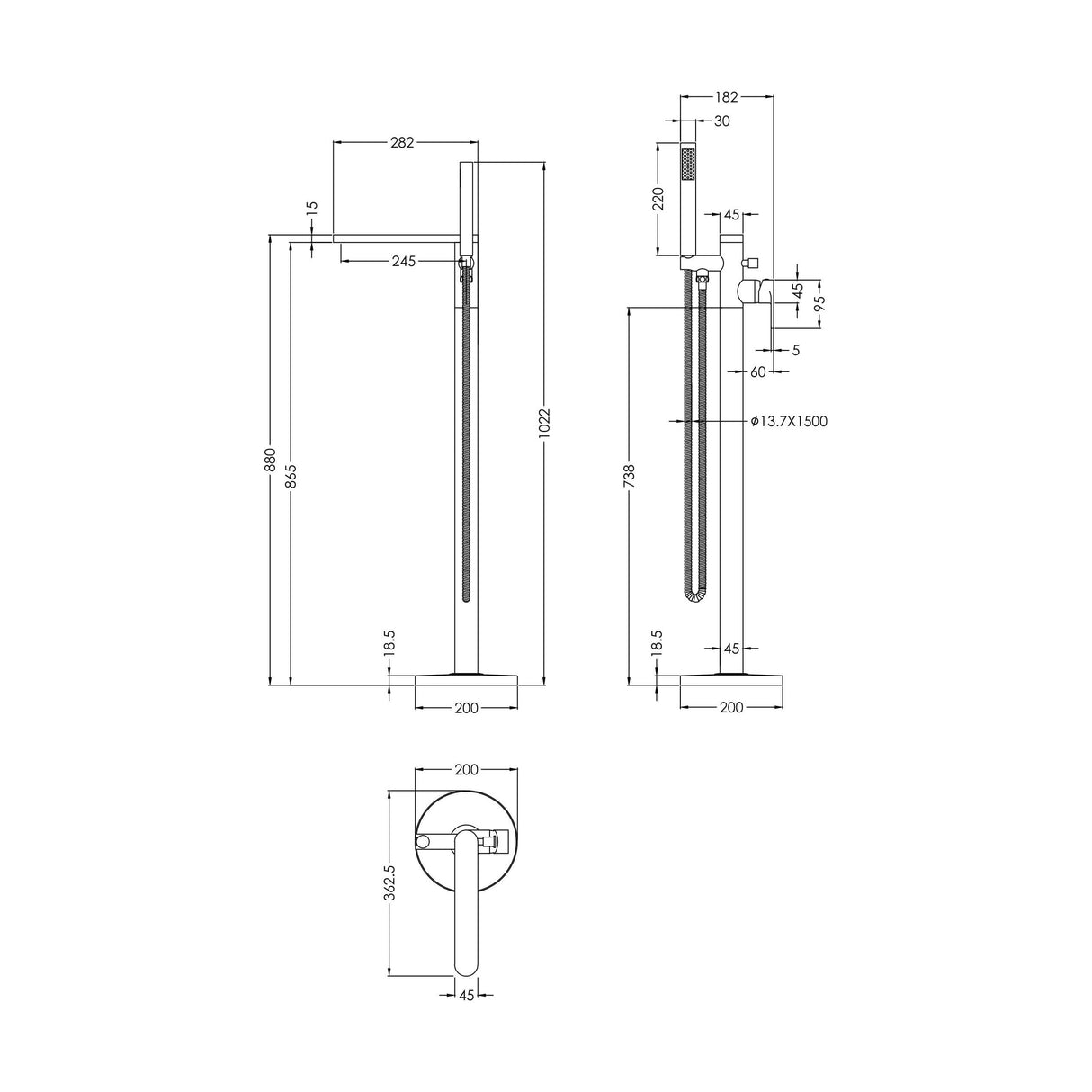 [BTPR421] Consall Freestanding Round Bath Shower Mixer Tap with Kit - Choice of Colour - Technical Drawing