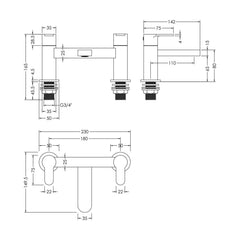 [BTPR803] Consall Round Dual Lever Deck Mounted Bath Filler Tap - Choice of Finish - Technical Drawing