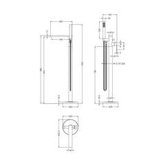 [BTPR821] Consall Freestanding Round Bath Shower Mixer Tap with Kit - Choice of Colour - Technical Drawing