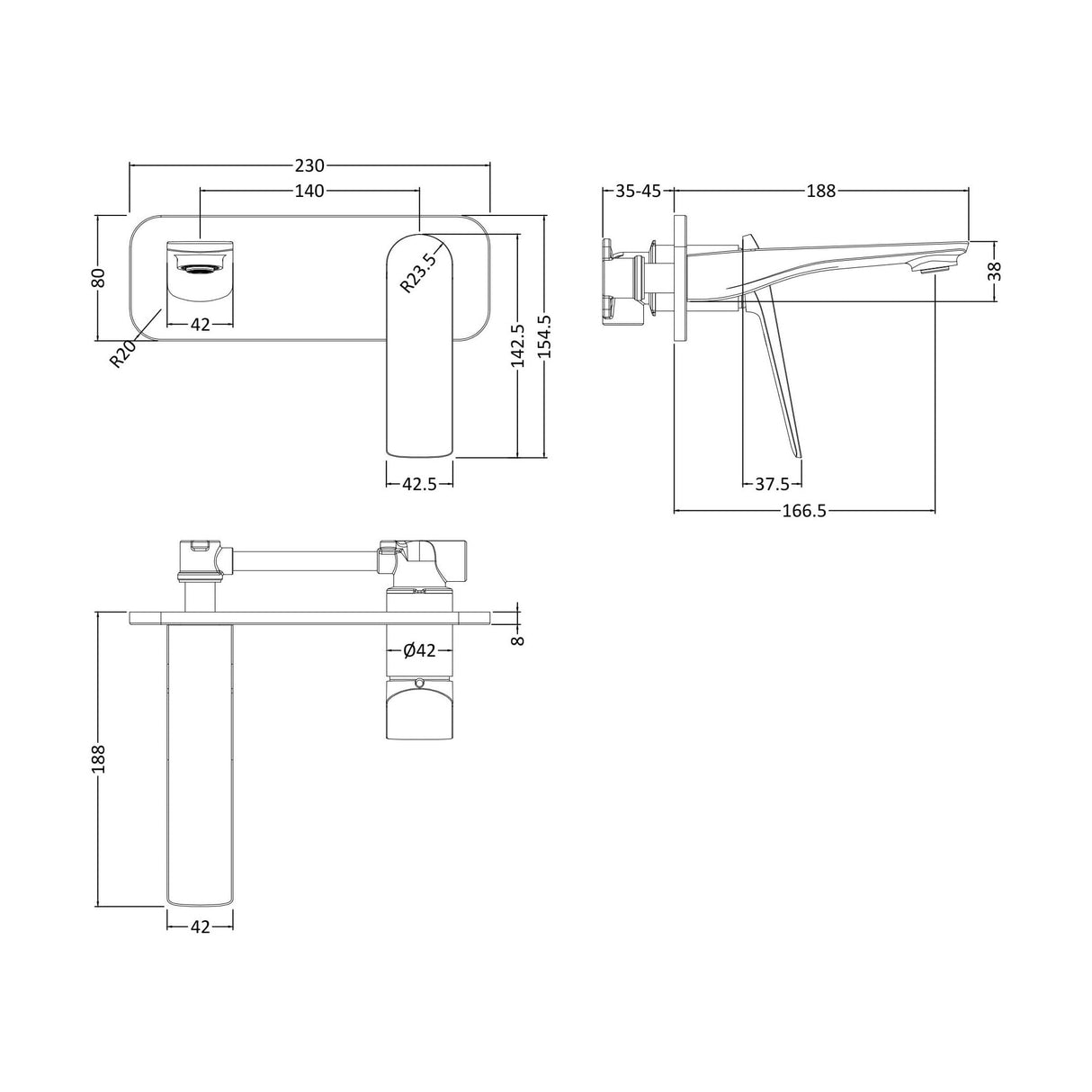 [BTRI328] W/M Single Lever Basin Mixer - Technical Drawing