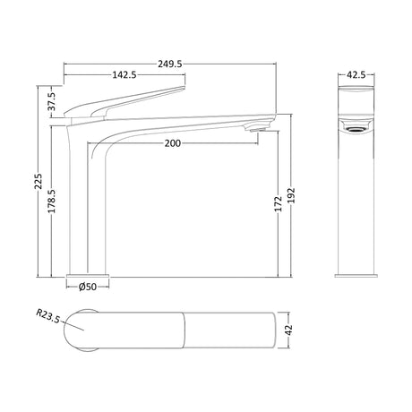 [BTRI370] Tall Mono Basin Mixer P/B Waste - Technical Drawing