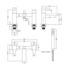 [BTRP304] Square Deck Mount Bath Shower Mixer Tap with Shower Kit - Chrome - Technical Drawing